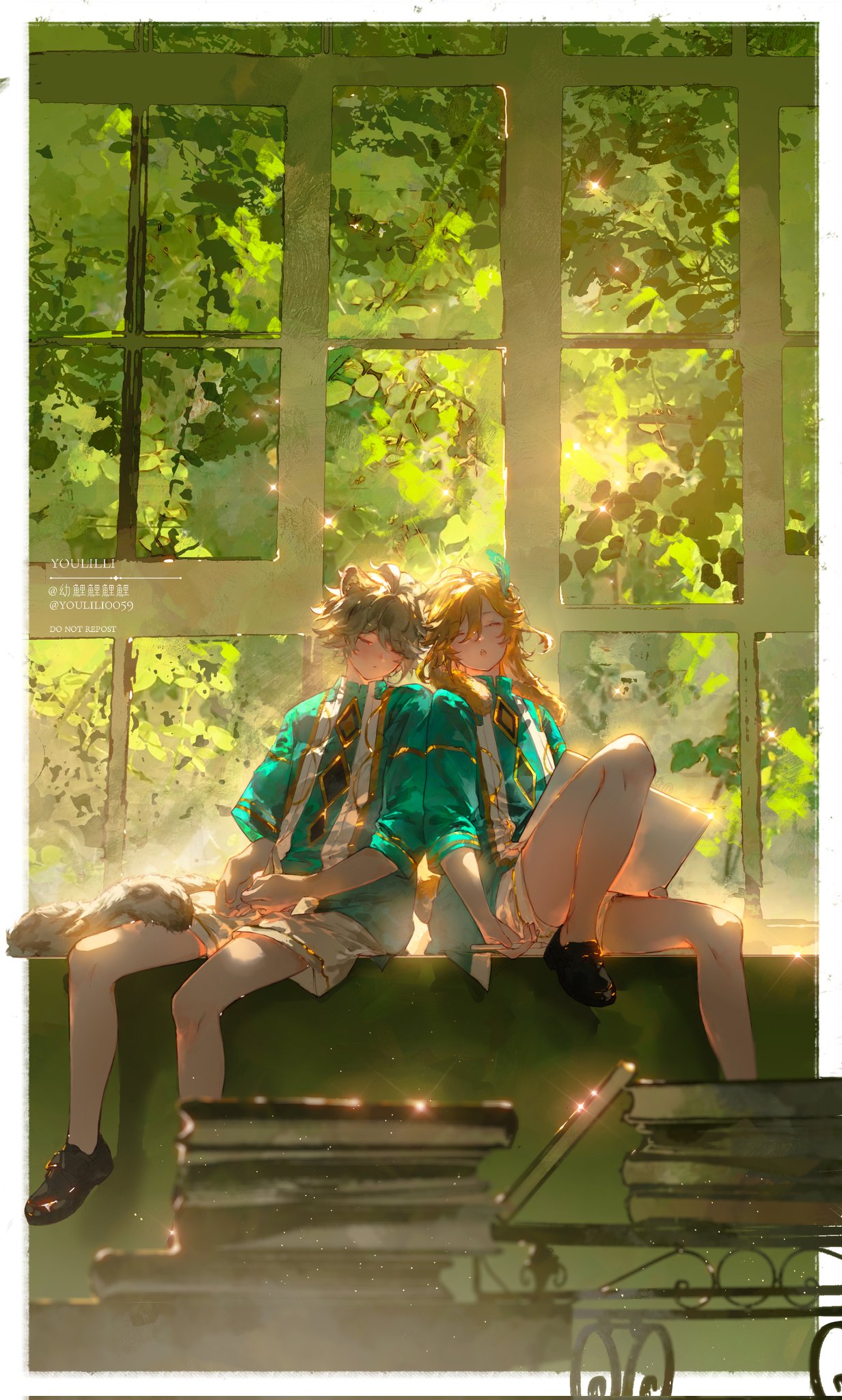 2boys, aged_down, akademiya_uniform, alhaitham_(genshin_impact), black_footwear, blonde_hair, blurry, blurry_foreground