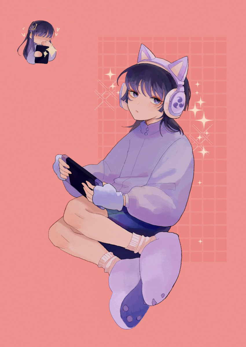 1boy, 1girl, alternate_costume, animal-themed_footwear, animal_ear_headphones, animal_ears, black_hair, black_shorts, blunt_bangs, blunt_ends, blush, cat_ear_headphones, contemporary, covering_own_mouth, eyelashes, eyeliner, eyeshadow, fake_animal_ears, fur-lined_gloves, genshin_impact, gloves, hair_over_eyes, hand_over_own_mouth, headphones, heart, highres, holding, holding_tablet_pc, knees, long_hair, long_sleeves, looking_at_viewer, loose_socks, makeup, mother_and_son, multicolored_hair, nintendo_switch, pink_background, purple_footwear, purple_gloves, purple_hair, purple_headphones, purple_sleeves, purple_sweater, raiden_shogun, red_eyeliner, red_eyeshadow, scaramouche_(genshin_impact), shorts, sideways_glance, single_sidelock, sitting, sleeveless_gloves, socks, stephynne, streaked_hair, sweater, tablet_pc, taking_picture, violet_eyes, white_socks, yokozuwari