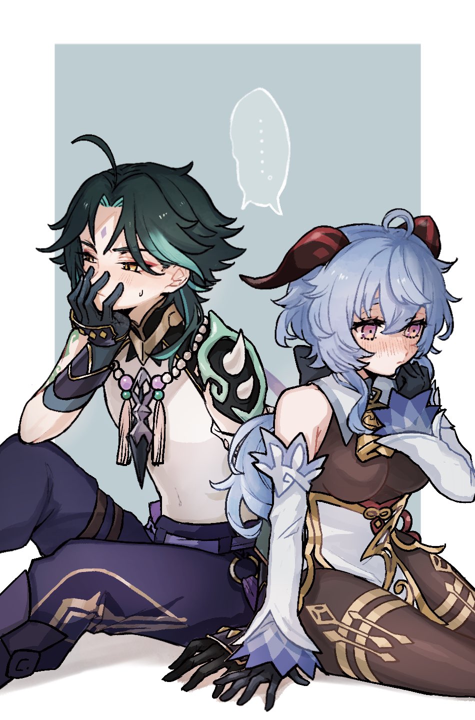 ..., 1boy, 1girl, ahoge, aqua_hair, arm_at_side, arm_markings, arm_tattoo