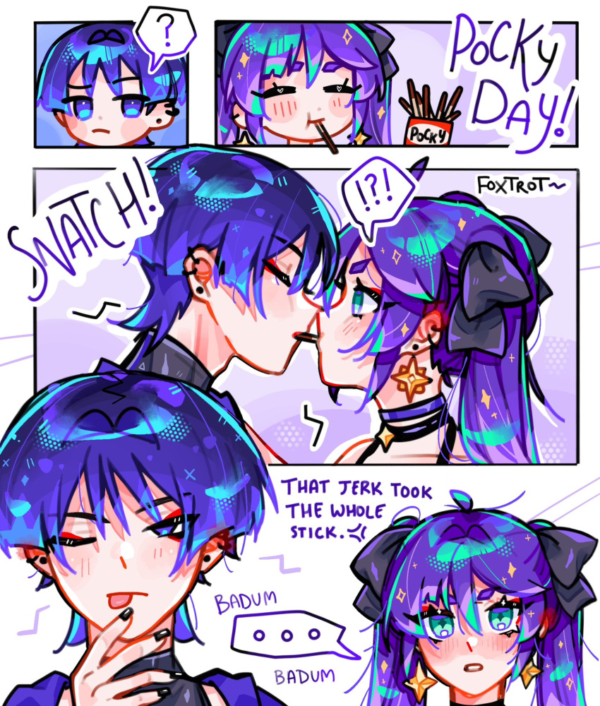 ..., 1boy, 1girl, :p, adam's_apple, ahoge, aqua_eyes, artist_name