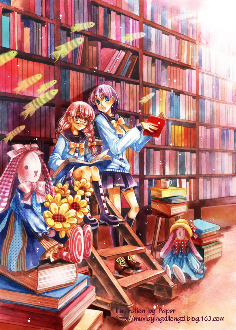 bad_id, book, bookshelf, braid, doll, fish, glasses, library