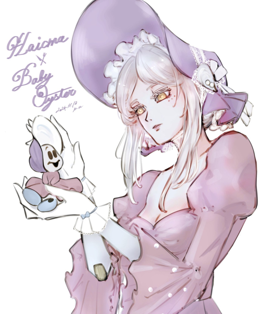 1girl, alternate_costume, bonnet, dress, frilled_bonnet, frills, gloves, grey_hair