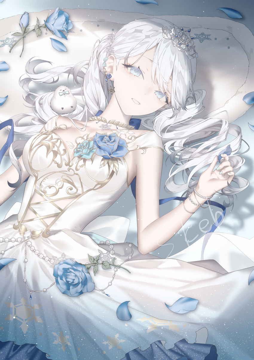 1girl, absurdres, bird, blue_eyes, blue_flower, blue_nails, blue_rose, breasts