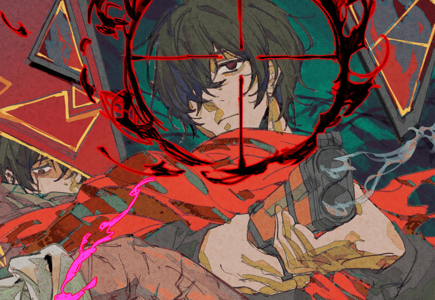 2boys, baihuahua5441, black_eyes, black_hair, black_jacket, broken_glass, closed_mouth, crosshair