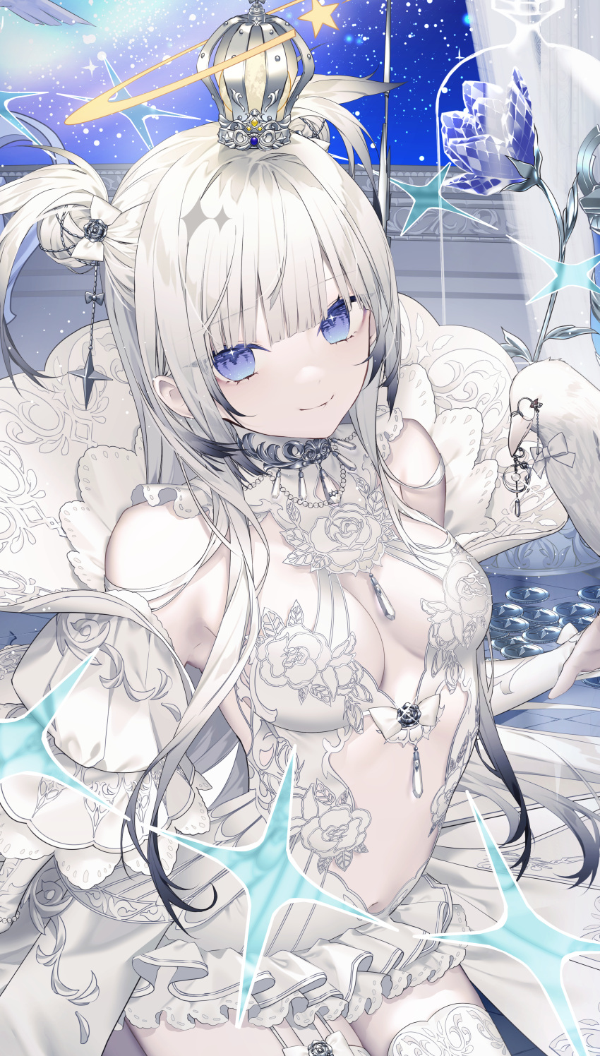 1girl, absurdres, arched_crown, bare_shoulders, bird, blue_eyes, blunt_bangs, breasts
