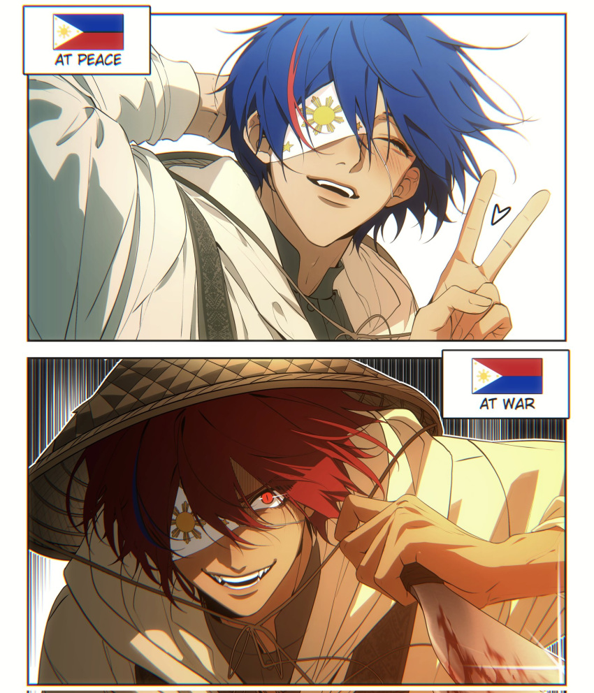 1boy, arm_behind_head, blue_hair, closed_eyes, commentary, corrupted_twitter_file, english_commentary, hat