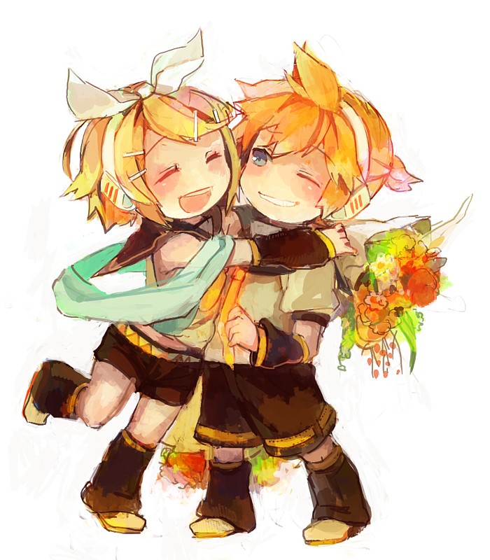 8'108, blonde_hair, blue_eyes, bouquet, chibi, flower, hair_ornament, hair_ribbon