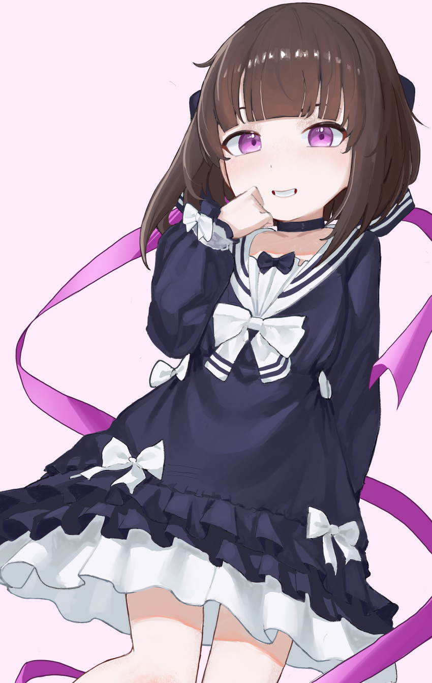 1girl, :d, absurdres, alternate_costume, arm_behind_back, black_choker, blue_bow, blue_dress