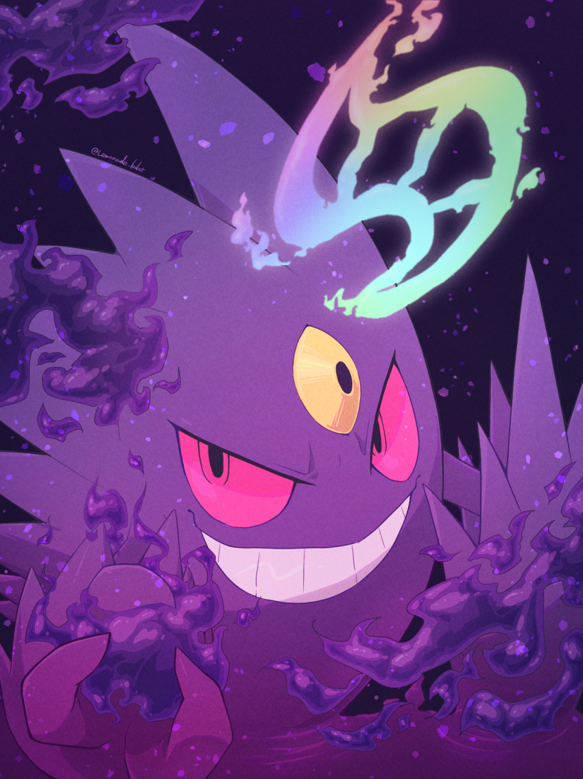 animal_focus, artist_name, black_eyes, colored_sclera, commentary_request, gengar, grin, happy