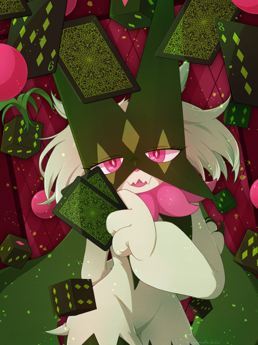 1girl, animal_hands, animal_nose, argyle_background, arm_behind_back, artist_name, between_fingers, body_fur