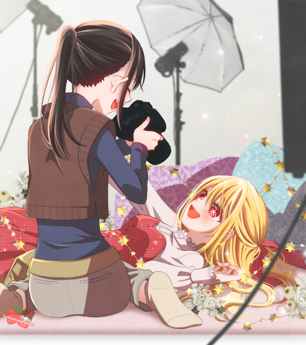 2girls, :d, ass, belt, black_hair, blonde_hair, brown_vest, camera, chocotomamenoki, commentary_request, crossover, dress_shirt, hair_between_eyes, happy, holding, holding_camera, hoshino_ruby, kaguya-sama_wa_kokurasetai_~tensai-tachi_no_renai_zunousen~, long_hair, multiple_girls, oshi_no_ko, pants, ponytail, red_eyes, shinomiya_kaguya, shirt, smile, socks, star-shaped_pupils, star_(symbol), symbol-shaped_pupils, taking_picture, teeth, upper_teeth_only, vest