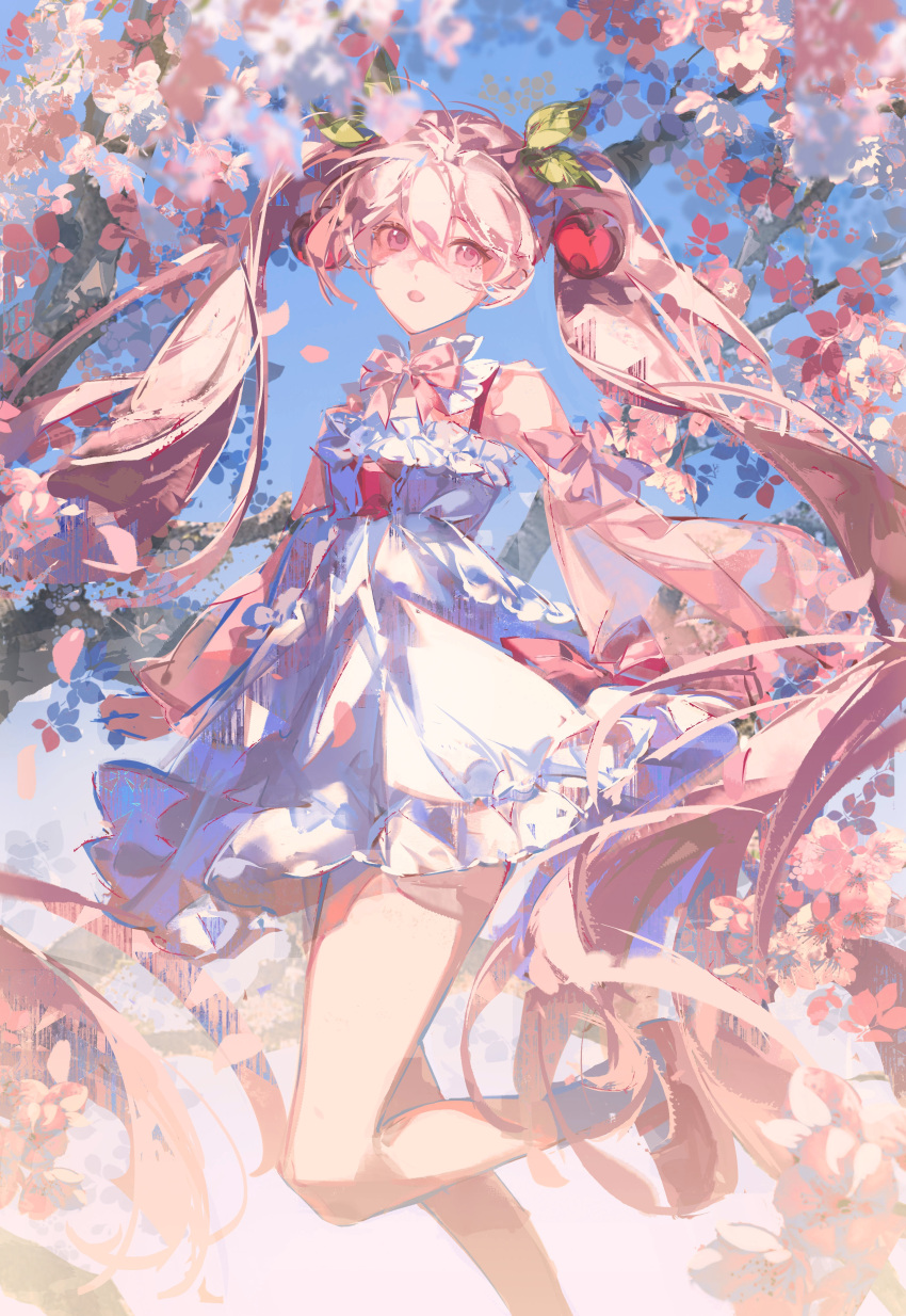 1girl, absurdres, ankle_socks, bare_legs, blue_sky, bow, bowtie, branch