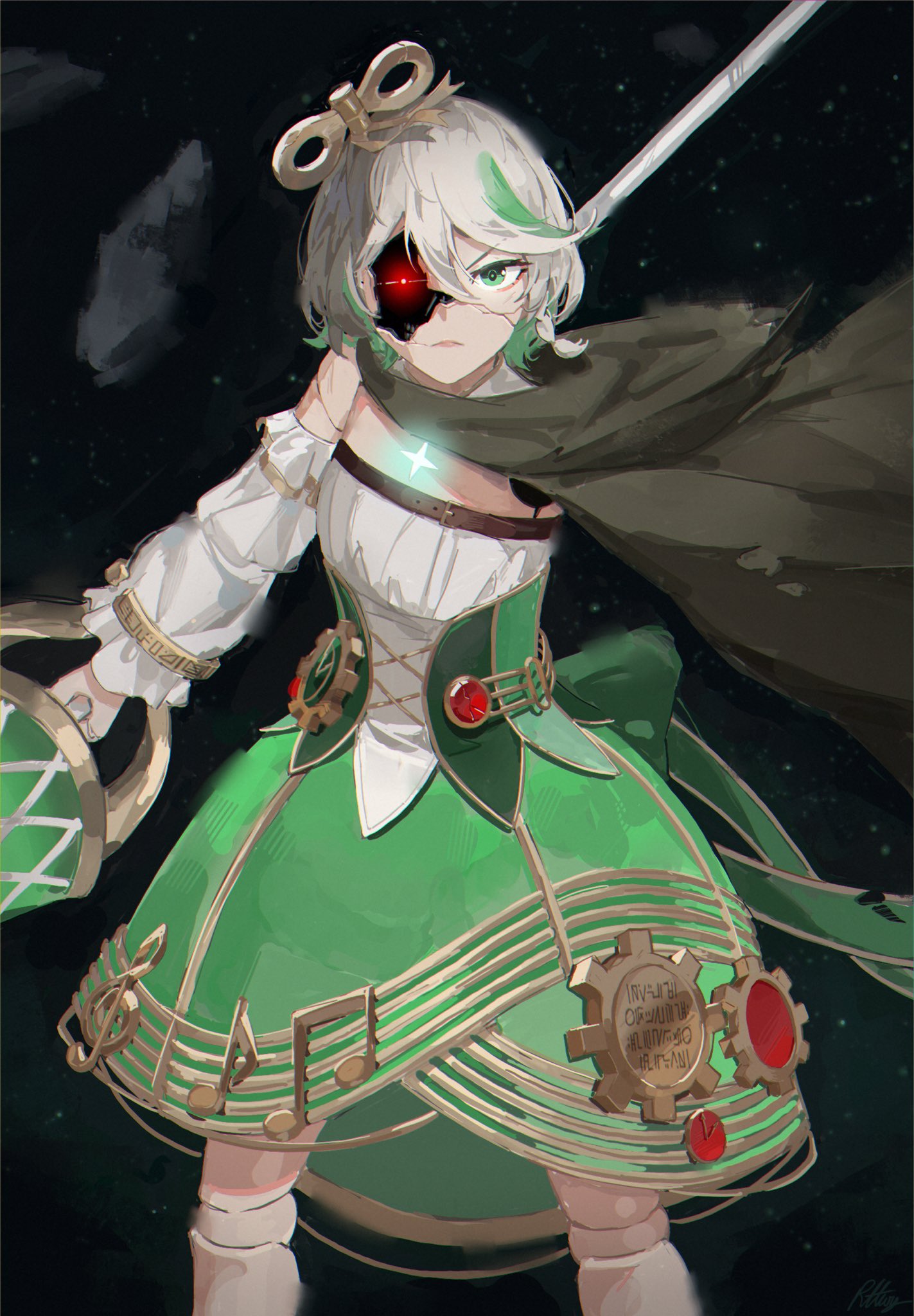 1girl, cecilia_immergreen, cloak, colored_inner_hair, corset, crack, debris, detached_sleeves