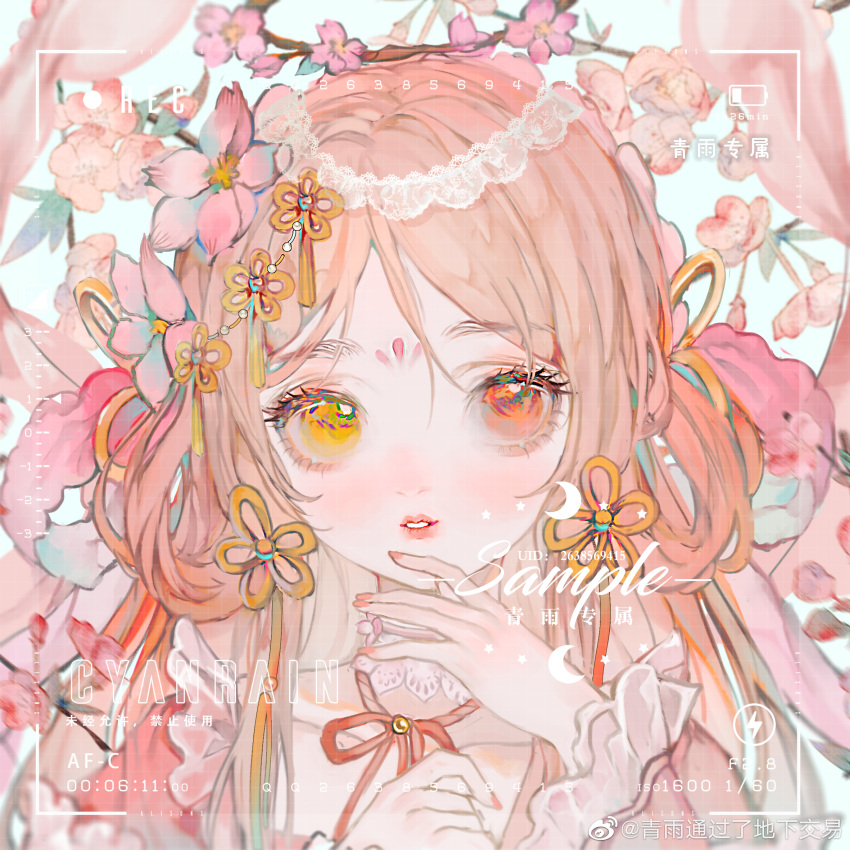1girl, bad_id, bad_weibo_id, blue_background, bud, chinese_clothes, circlet, collarbone