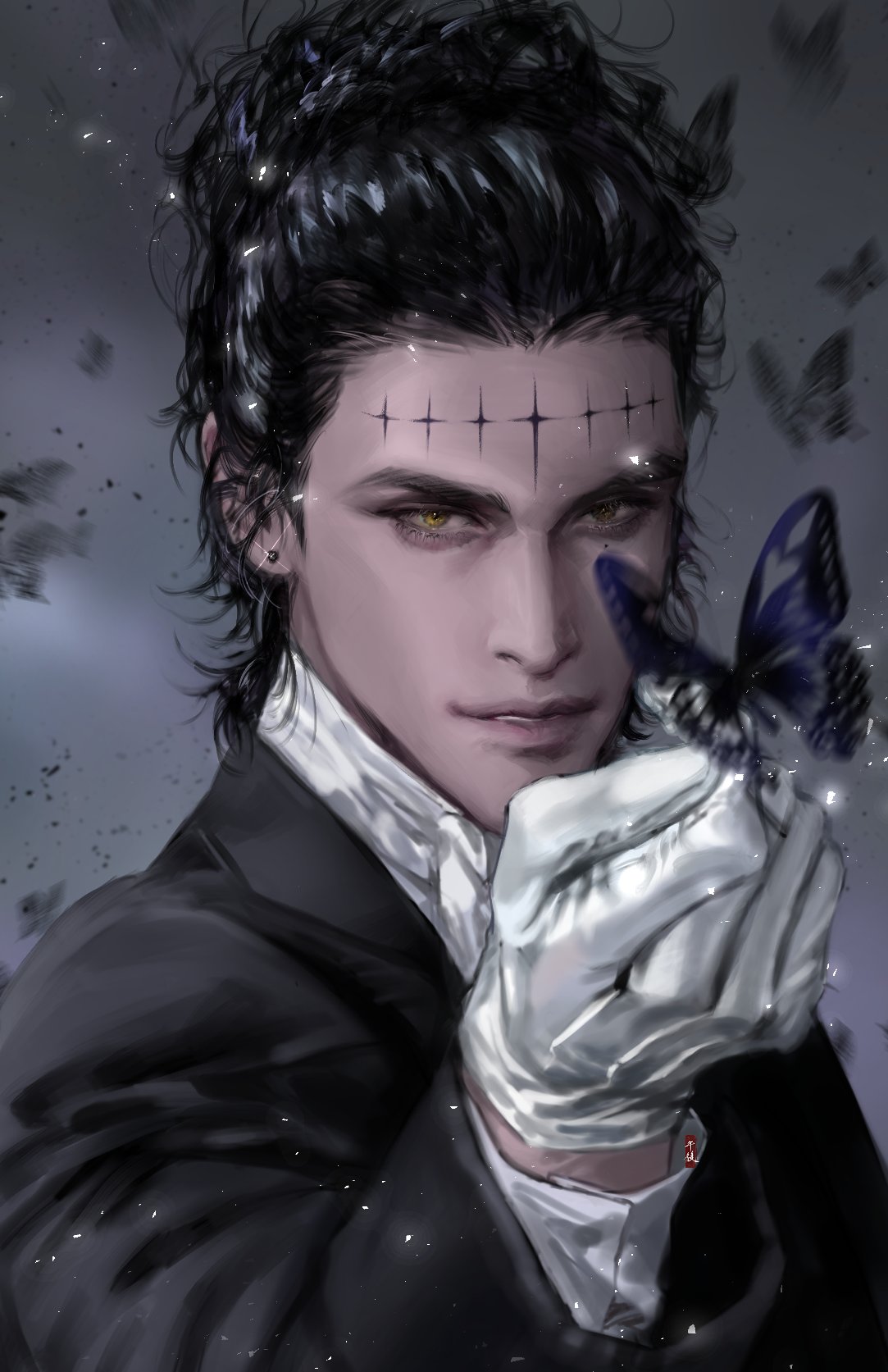1boy, 5_hu, black_hair, black_jacket, bug, butterfly, commentary_request, d.gray-man, earrings, facial_mark, gloves, highres, jacket, jewelry, korean_commentary, male_focus, parted_lips, shirt, short_hair, smile, solo, sparkle, tyki_mikk, upper_body, white_gloves, white_shirt, yellow_eyes