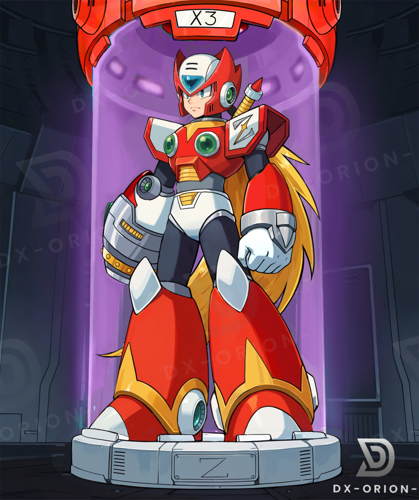 1boy, absurdres, arm_cannon, armor, blonde_hair, chest_jewel, dauntedx, forehead_jewel