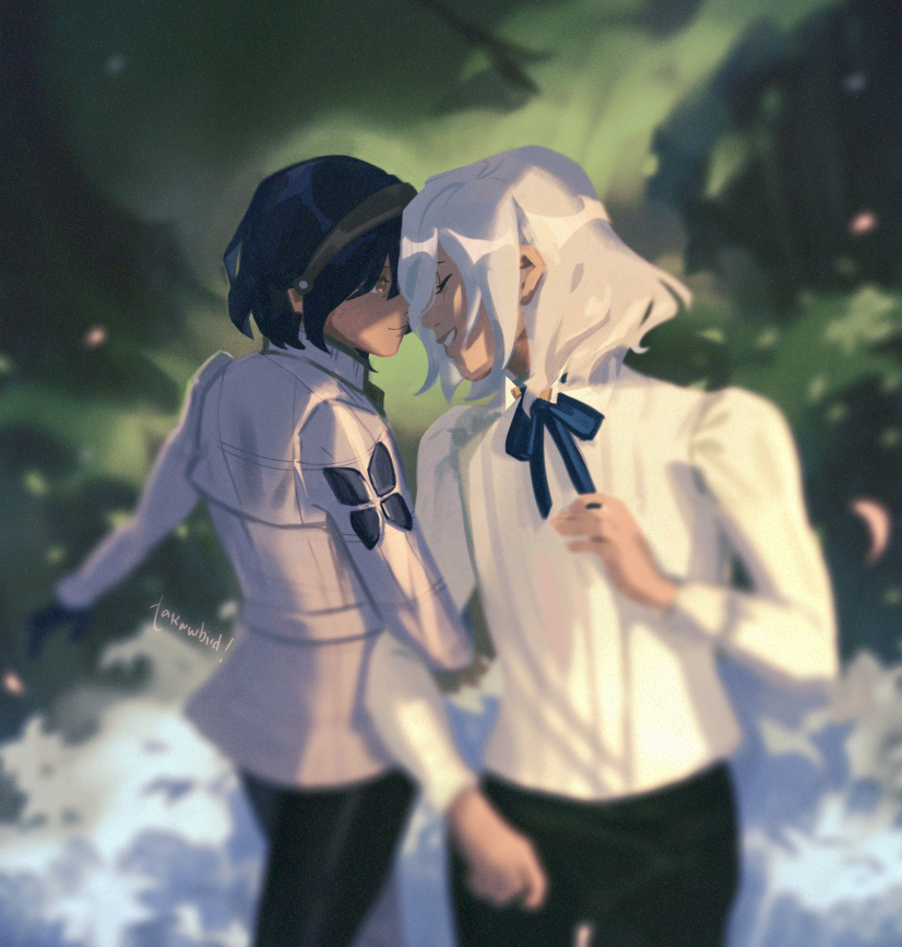 2boys, artist_name, belt, black_gloves, black_pants, blue_hair, blurry, blurry_background