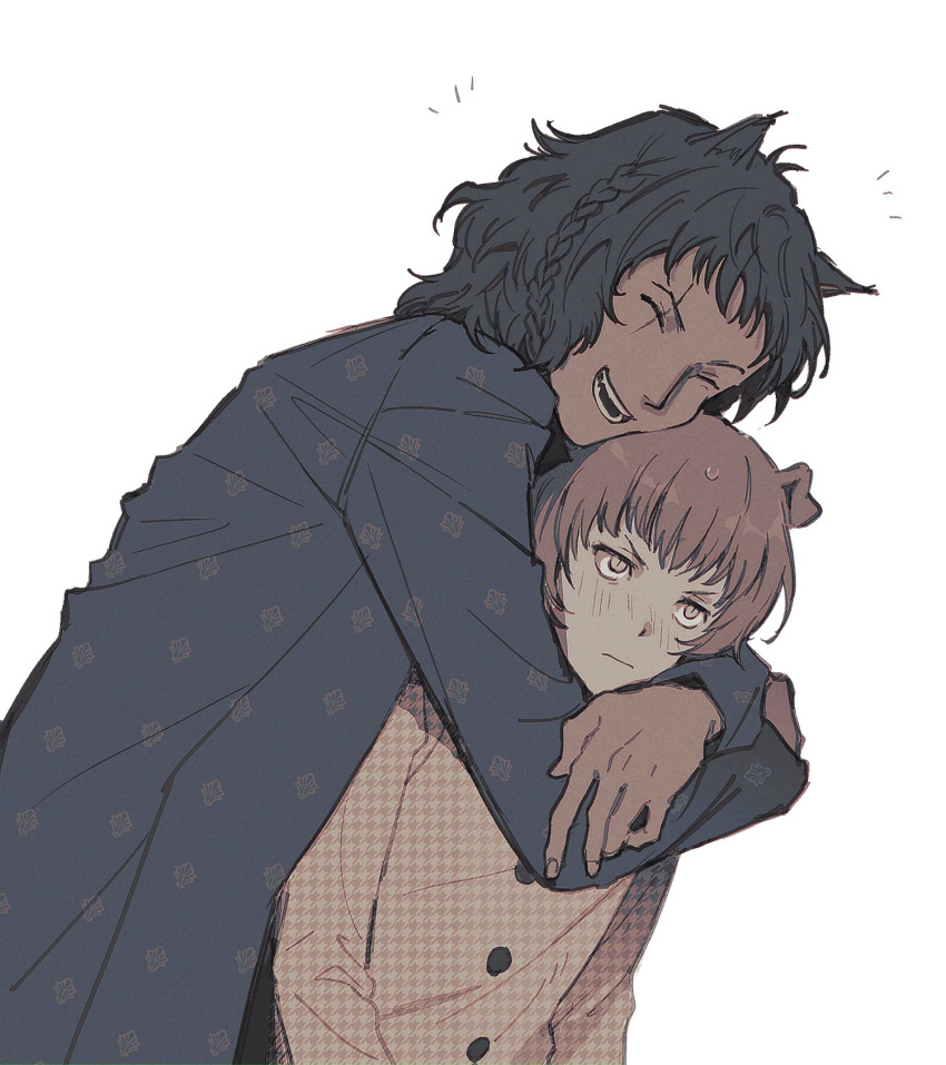 2boys, :|, animal_ears, arms_around_neck, basilio_(metaphor:_refantazio), black_coat, blush, braid