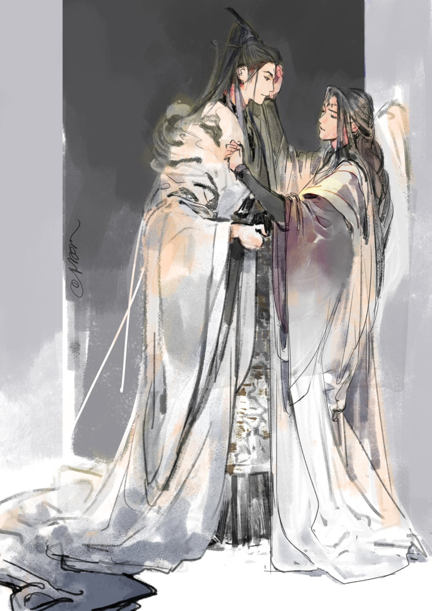 2boys, black_hair, braid, chinese_clothes, circlet, closed_eyes, english_commentary, full_body