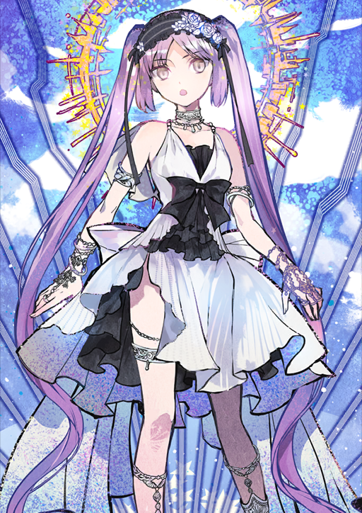 1girl, absurdly_long_hair, akira_(kaned_fools), armlet, bare_shoulders, beads, black_bow, black_dress, black_hairband, black_ribbon, blue_background, bow, bracelet, choker, dress, dress_bow, euryale_(fate), euryale_(third_ascension)_(fate), fate/grand_order, fate_(series), feet_out_of_frame, flower, flower_hairband, frilled_dress, frills, hairband, halo, jewelry, legband, lolita_hairband, long_hair, looking_at_viewer, necklace, official_art, open_mouth, purple_hair, ribbon, rose, solo, standing, thighlet, third-party_source, twintails, very_long_hair, violet_eyes, white_bow, white_dress, white_flower, white_rose