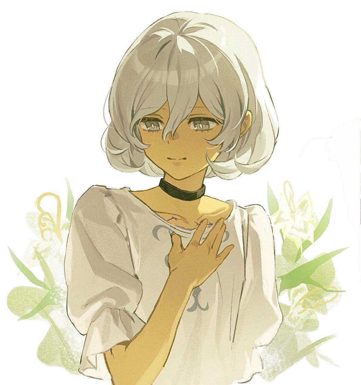 1boy, abi_07km, arm_up, black_choker, blue_eyes, choker, closed_mouth, dark-skinned_male, dark_skin, flower, frilled_sleeves, frills, hair_between_eyes, hand_on_own_chest, highres, looking_to_the_side, male_focus, metaphor:_refantazio, plant, puffy_sleeves, shirt, sideways_glance, smile, solo, the_prince_(metaphor:_refantazio), white_background, white_flower, white_hair, white_shirt