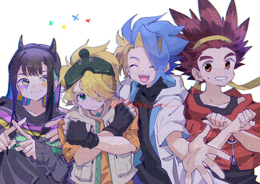1girl, 3boys, beyblade, beyblade_x, black_hair, black_hoodie, black_shirt, blonde_hair