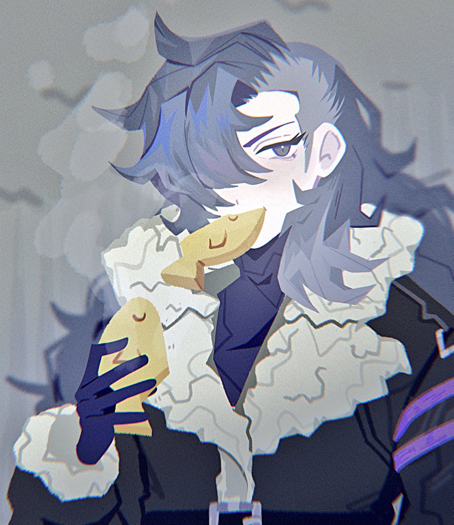 1girl, black_coat, blue_eyes, blue_gloves, blue_hair, blue_shirt, blurry, blurry_background