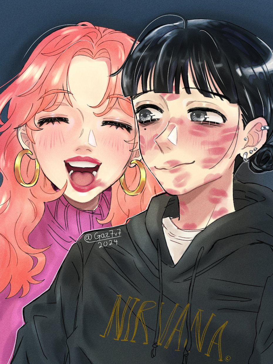 2girls, :d, artist_name, black_hair, black_hoodie, blunt_bangs, blush, closed_eyes
