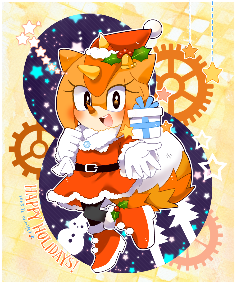 1girl, :d, bell, boots, brown_eyes, christmas, commentary_request, dress, furry, furry_female, gears, gift, happy_holidays, hat, highres, holding, holding_sack, holly, kusunoki_cherry, lizard_tail, looking_at_viewer, nose_horn, open_mouth, reptile_girl, sack, santa_costume, santa_dress, santa_hat, smile, solo, sonic_(series), sonic_superstars, sonic_the_hedgehog_(classic), spikes, tail, trip_the_sungazer