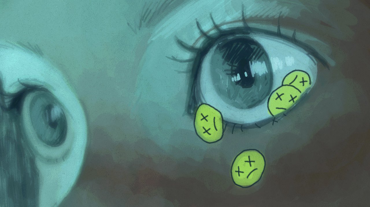 1girl, at_computer, blank_stare, blue_eyes, close-up, emoji, expressionless, eye_focus, kojima_midoriko, muted_color, original, screen_light, staring, surreal, tears, what, x_x