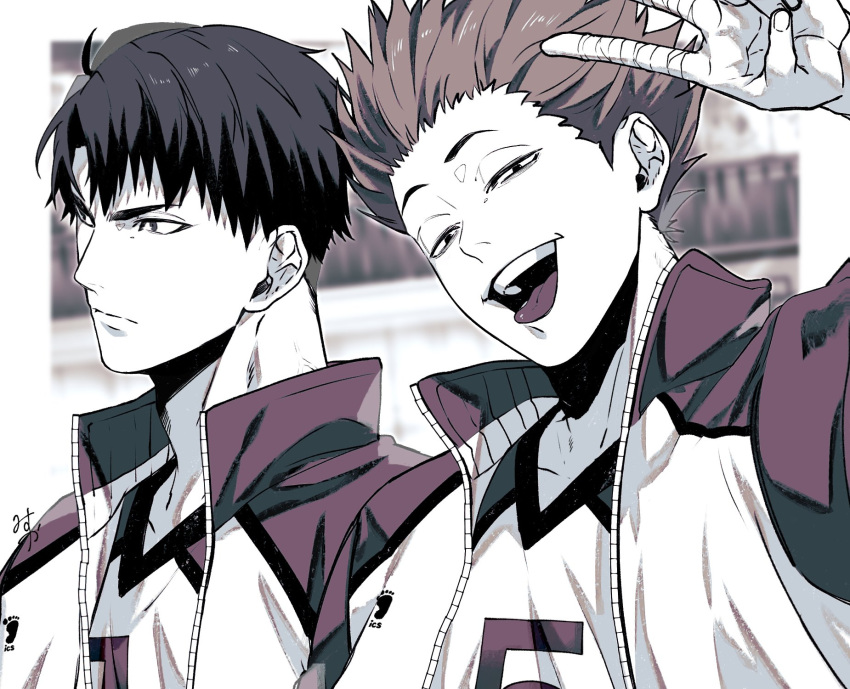 2boys, bandaged_fingers, bandages, closed_mouth, commentary_request, greyscale, haikyuu!!, high_collar, highres, looking_at_viewer, looking_to_the_side, male_focus, monochrome, multiple_boys, omg_genjitsu, short_hair, spiky_hair, tendou_satori, tongue, tongue_out, upper_body, ushijima_wakatoshi, v