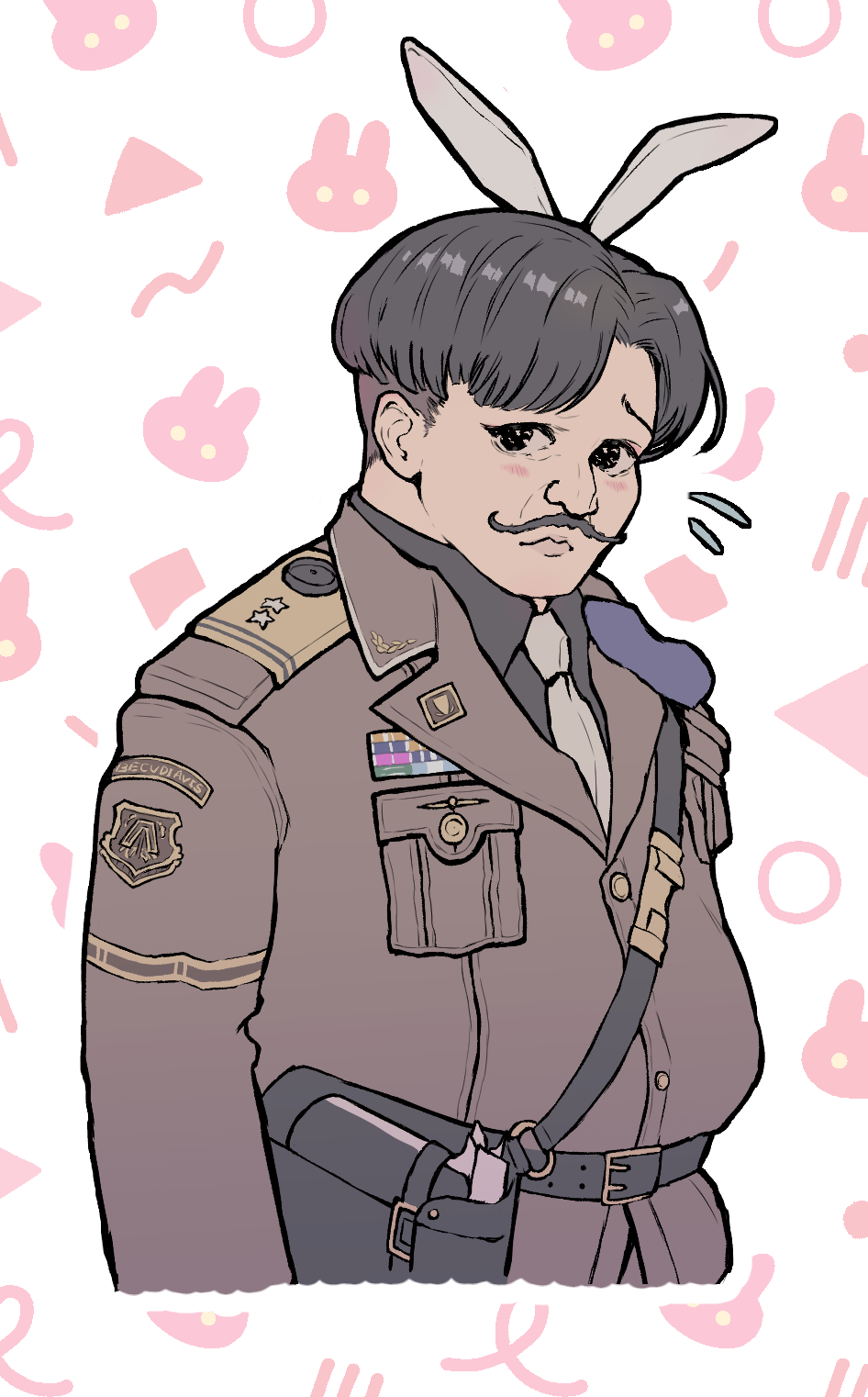 1boy, animal_ears, animal_print, badge, bag, belt, black_belt, black_eyes, black_hair, black_shirt, blush, breast_pocket, brown_jacket, burningum_(nikke), buttons, chou_genseki, closed_mouth, collared_jacket, collared_shirt, commentary_request, cropped_torso, eyelashes, facial_hair, fake_animal_ears, flying_sweatdrops, furrowed_brow, goddess_of_victory:_nikke, gold_trim, head_tilt, highres, jacket, long_mustache, long_sleeves, looking_at_viewer, looking_to_the_side, male_focus, military_uniform, mustache, necktie, nose, outline, pink_background, playboy_bunny, pocket, rabbit_print, shirt, short_hair, shoulder_bag, shoulder_boards, solo, strap, triangle_print, undercut, white_necktie, white_outline
