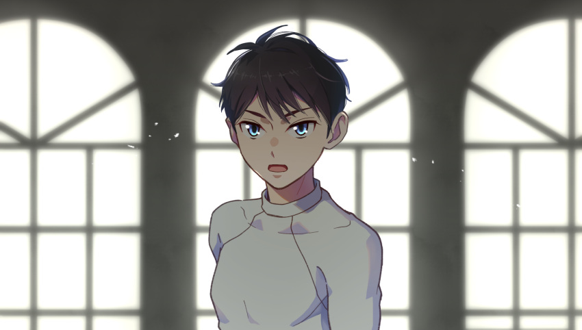 1boy, :o, asahina_haruka, blue_eyes, brown_hair, conn_shinka, indoors, male_focus, overtake!, shirt, short_hair, solo, upper_body, white_shirt, window