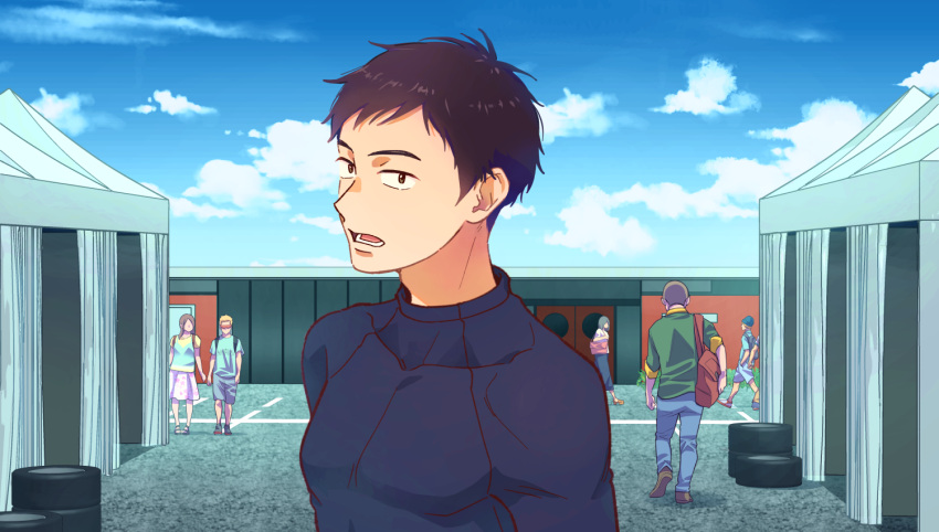 1boy, :o, black_shirt, brown_hair, clouds, conn_shinka, day, male_focus
