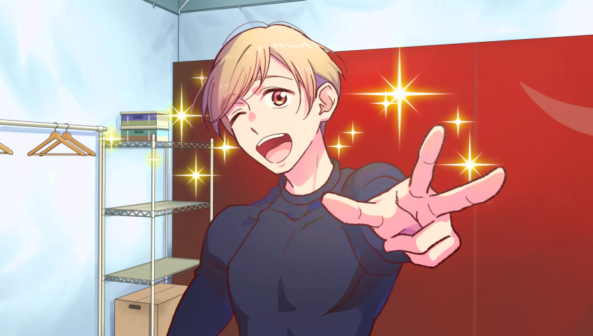 1boy, ;d, black_shirt, box, brown_hair, clothes_hanger, conn_shinka, hand_up