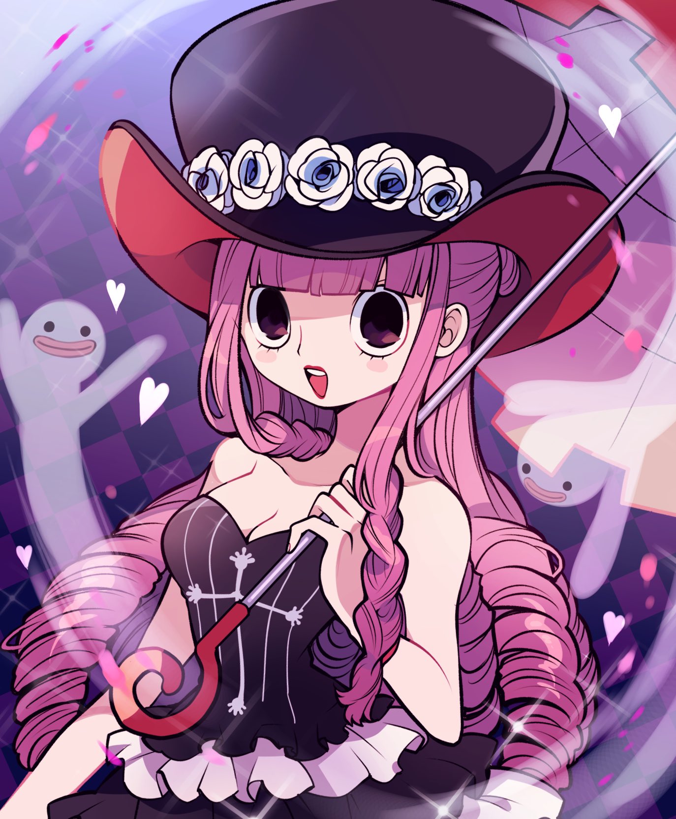 1girl, black_dress, blunt_bangs, braided_sidelock, dress, drill_hair, flower, frilled_dress