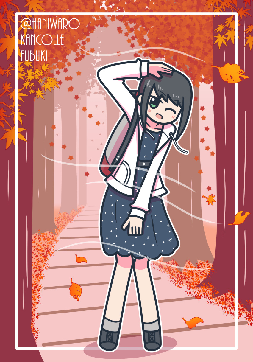 :d, absurdres, anchor_print, anchor_symbol, ankle_socks, arm_up, autumn, autumn_leaves