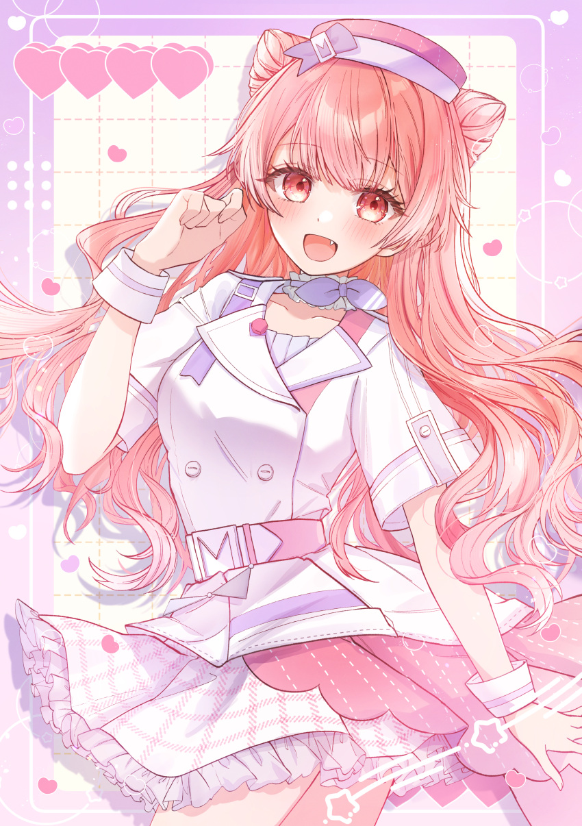 1girl, :d, absurdres, belt, beret, blush, bow, breasts