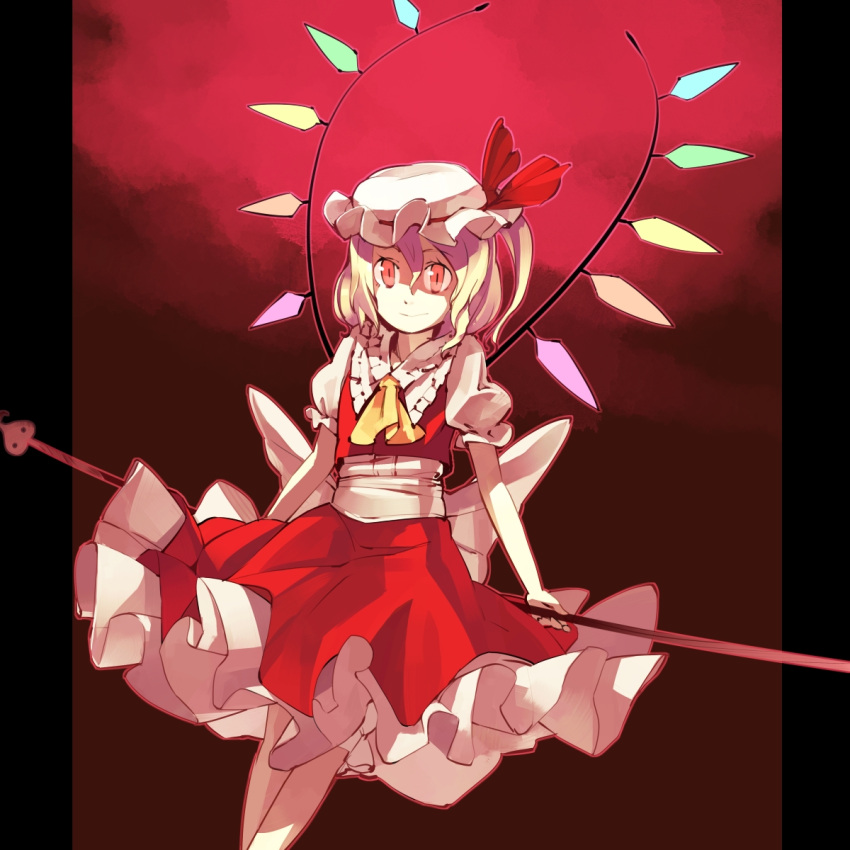 ascot, blonde_hair, bow, dress, flandre_scarlet, hat, hat_bow, highres