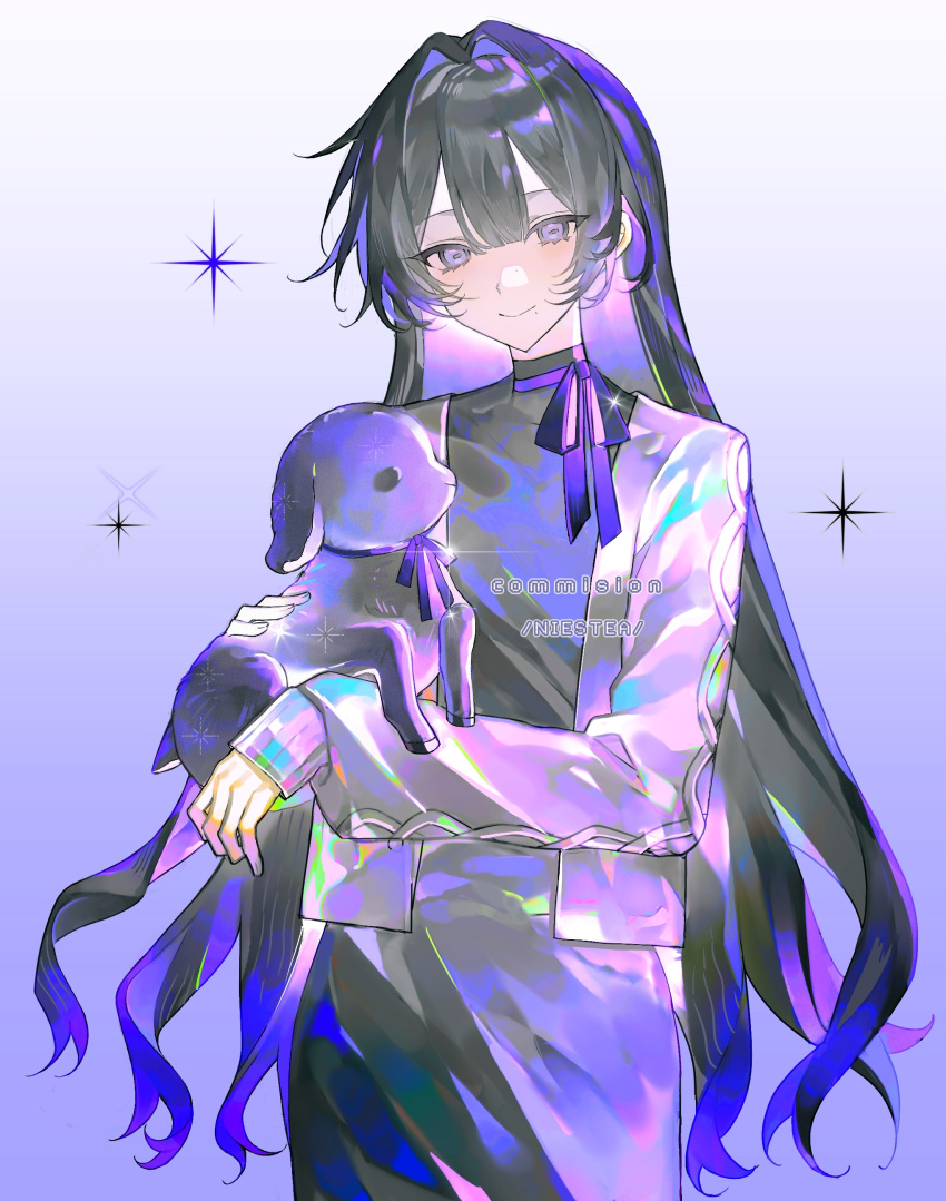 1girl, absurdres, animal, black_dress, black_hair, cable_knit, cardigan, chinese_commentary, closed_mouth, commentary_request, commission, cowboy_shot, dress, hair_intakes, highres, holding, holding_animal, lamb, long_hair, long_sleeves, mole, mole_under_mouth, niestea, open_cardigan, open_clothes, original, procreate_(medium), purple_ribbon, ribbon, sheep, smile, solo, turtleneck, turtleneck_dress, violet_eyes, watermark, white_cardigan