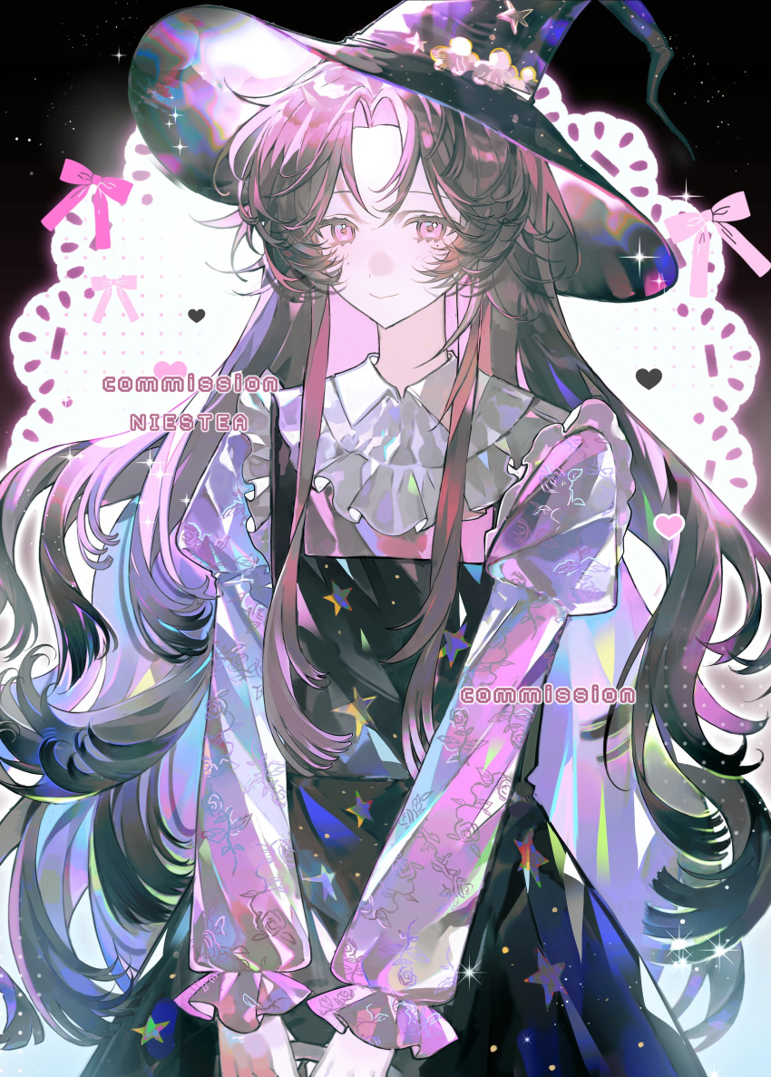 1girl, absurdres, black_dress, black_hair, closed_mouth, commentary, commission, cowboy_shot, curtained_hair, dress, floral_print, frilled_sleeves, frills, hat, highres, juliet_sleeves, long_hair, long_sleeves, mole, mole_under_eye, niestea, original, parted_bangs, pinafore_dress, pink_eyes, puffy_sleeves, rose_print, shirt, sidelocks, sleeveless, sleeveless_dress, smile, solo, star_(symbol), star_print, symbol-only_commentary, very_long_hair, watermark, white_shirt, witch_hat