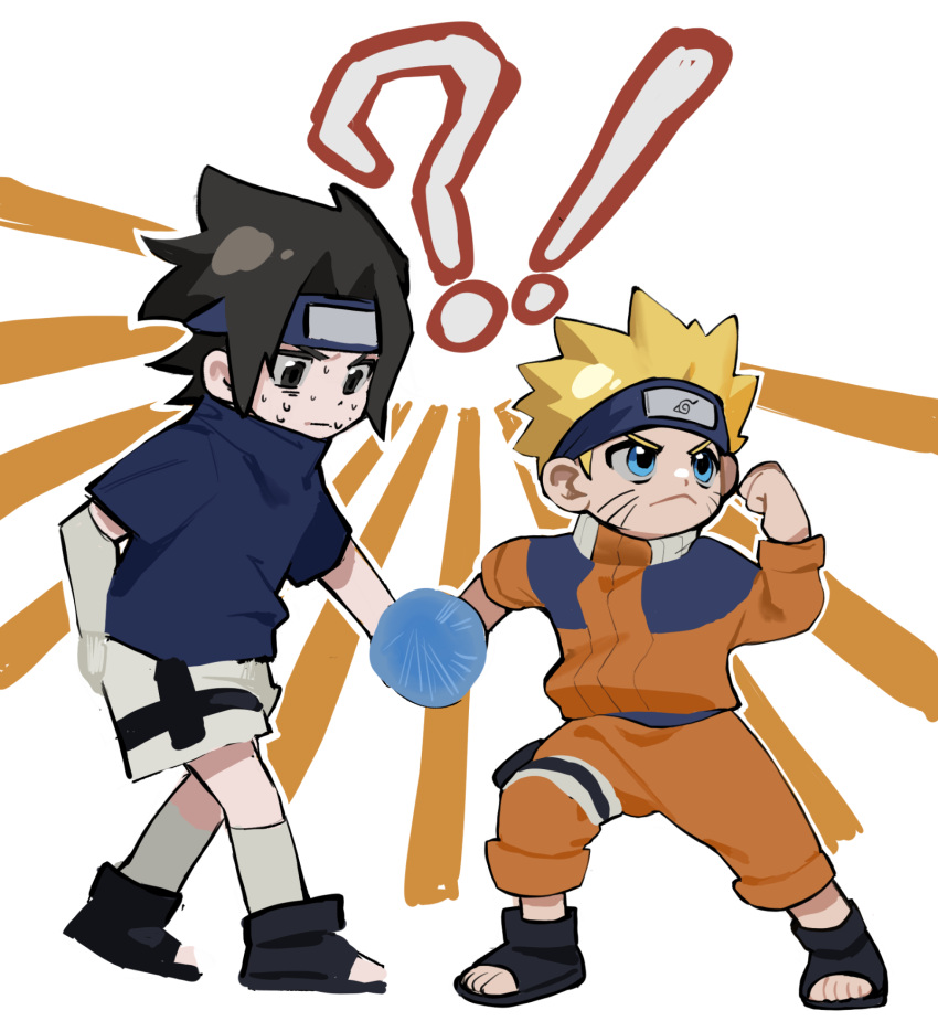 !?, 2boys, :<, black_footwear, black_hair, blonde_hair, blue_eyes, blue_headband, blue_shirt, chinese_commentary, closed_mouth, commentary_request, elbow_gloves, facepaint, gloves, headband, highres, jacket, long_sleeves, male_focus, multiple_boys, naruto, naruto_(series), naruto_shippuuden, nervous_sweating, orange_jacket, orange_pants, pants, shirt, short_hair, short_sleeves, shorts, single_glove, socks, spiky_hair, sweat, uchiha_sasuke, uzumaki_naruto, v-shaped_eyebrows, white_gloves, white_shorts, white_socks, xie_youqing