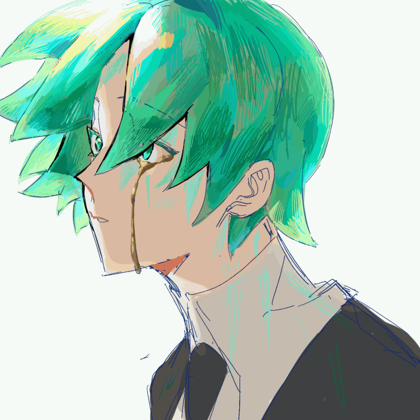 1other, androgynous, animated, animated_gif, black_jacket, blinking, chinese_commentary, closed_eyes, colored_eyelashes, commentary_request, crying, green_eyes, green_hair, highres, houseki_no_kuni, jacket, parted_lips, phosphophyllite, portrait, shirt, short_hair, solo, spiky_hair, white_shirt, xie_youqing
