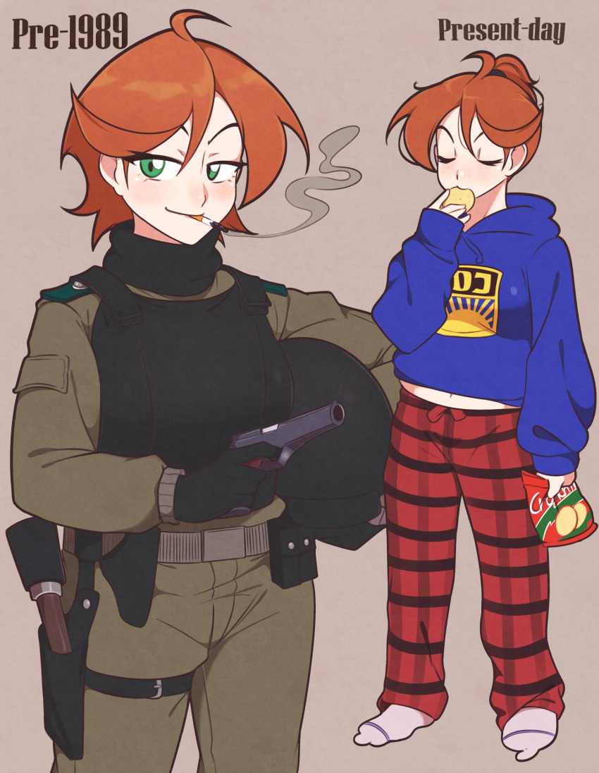 before_and_after, cigarette, closed_eyes, commissioner_upload, diensteinheit, east_germany, eating, explosive, fdj, flannel, grenade, gun, handgun, highres, hood, hoodie, makarov_pm, non-web_source, plump, redhead, smoking, stielhandgranate, weapon