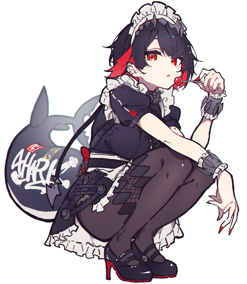 1girl, absurdres, aitekku, black_dress, black_footwear, black_hair, black_pantyhose, breasts, candy, commentary, dress, ellen_joe, fins, fish_tail, food, frilled_skirt, frilled_wrist_cuffs, frills, full_body, hair_ornament, hairclip, high_heels, highres, holding, holding_candy, holding_food, holding_lollipop, lollipop, looking_at_viewer, maid_headdress, medium_breasts, multicolored_hair, pantyhose, parted_lips, puffy_sleeves, red_eyes, red_nails, redhead, shark_tail, short_hair, sidelocks, skirt, solo, squatting, tail, two-tone_hair, white_background, wrist_cuffs, zenless_zone_zero