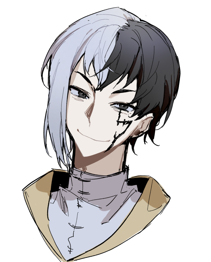 1boy, asagiri_gen, black_eyes, black_hair, blonde_hair, closed_mouth, cropped_shoulders, dr._stone