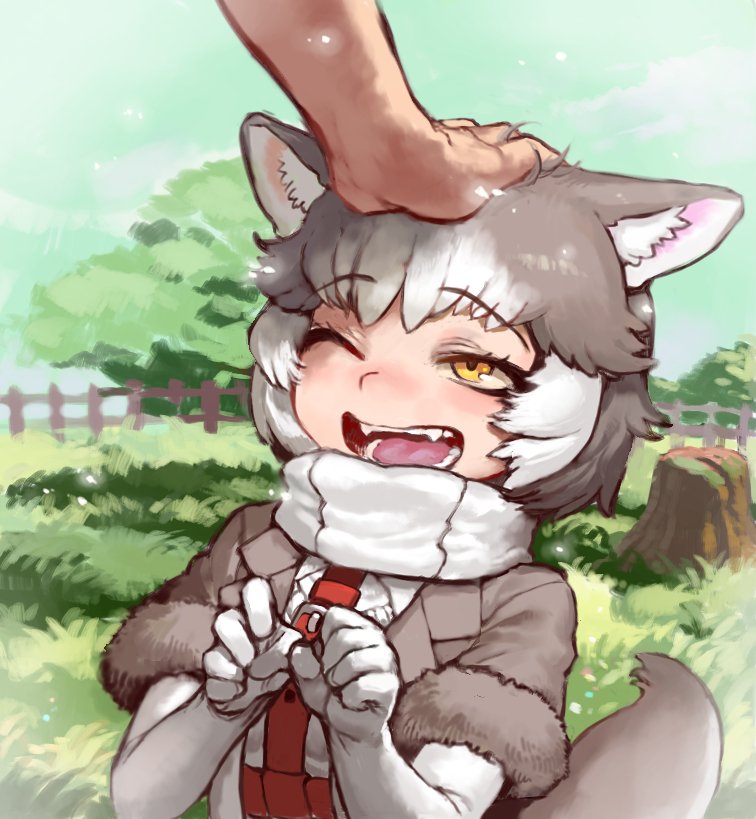 1girl, animal_ear_fluff, animal_ears, blazer, blush, closed_eyes, commentary, dog_(mixed_breed)_(kemono_friends)