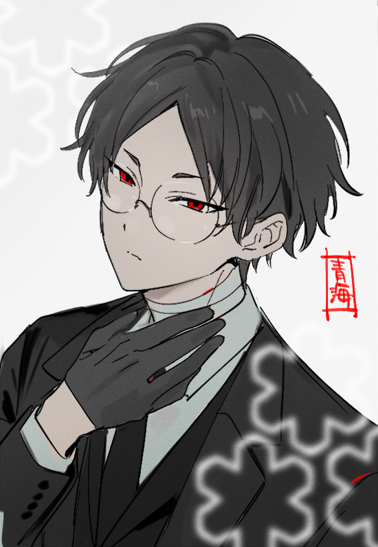 1boy, aomi_(ooe), black_gloves, black_hair, black_jacket, black_necktie, black_suit, closed_mouth