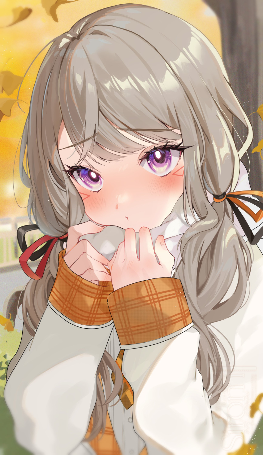 1girl, absurdres, blazer, blouse, facial_mark, falling_leaves, grey_hair, hair_ribbon