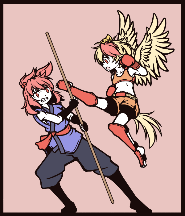 2girls, alternate_costume, belt, bird_tail, bird_wings, black_footwear, black_gloves, blonde_hair